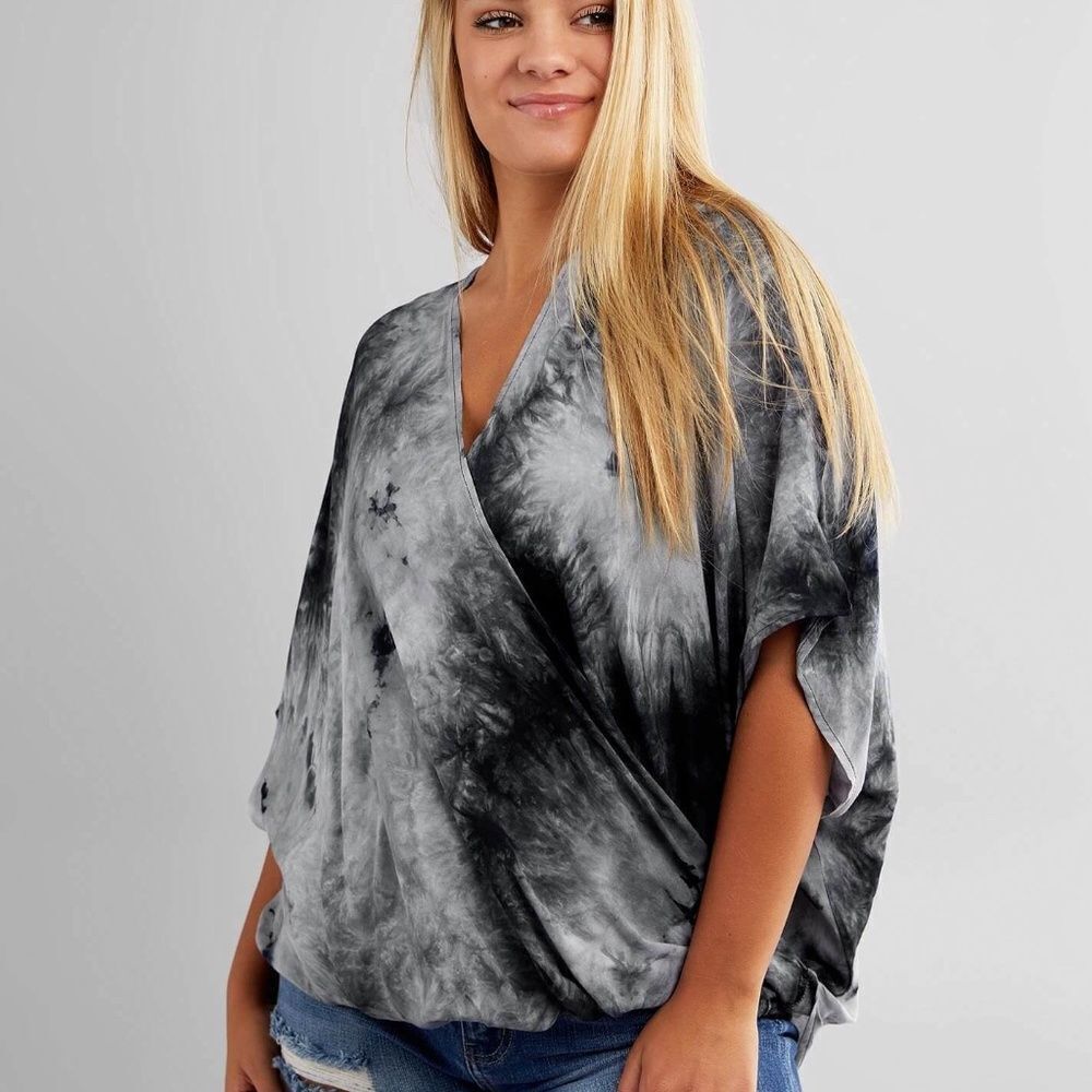 Favlux Tie Dye Black Deep Surplice Dolman Top M